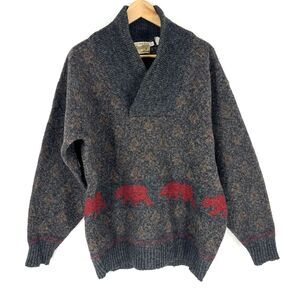 VTG Highland Glen Sweater Size Medium Mens Gray Red Bear Shawl Collar Scotland
